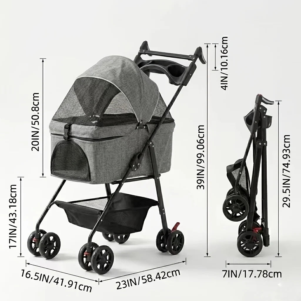 Pet Stroller Dog Stroller with Light Barrier, 2-In-1 Pet Folding Stroller, 4-Wheel Dog/Cat Puppy Stroller, Removable Travel Carrier for Small/Medium Pet Black