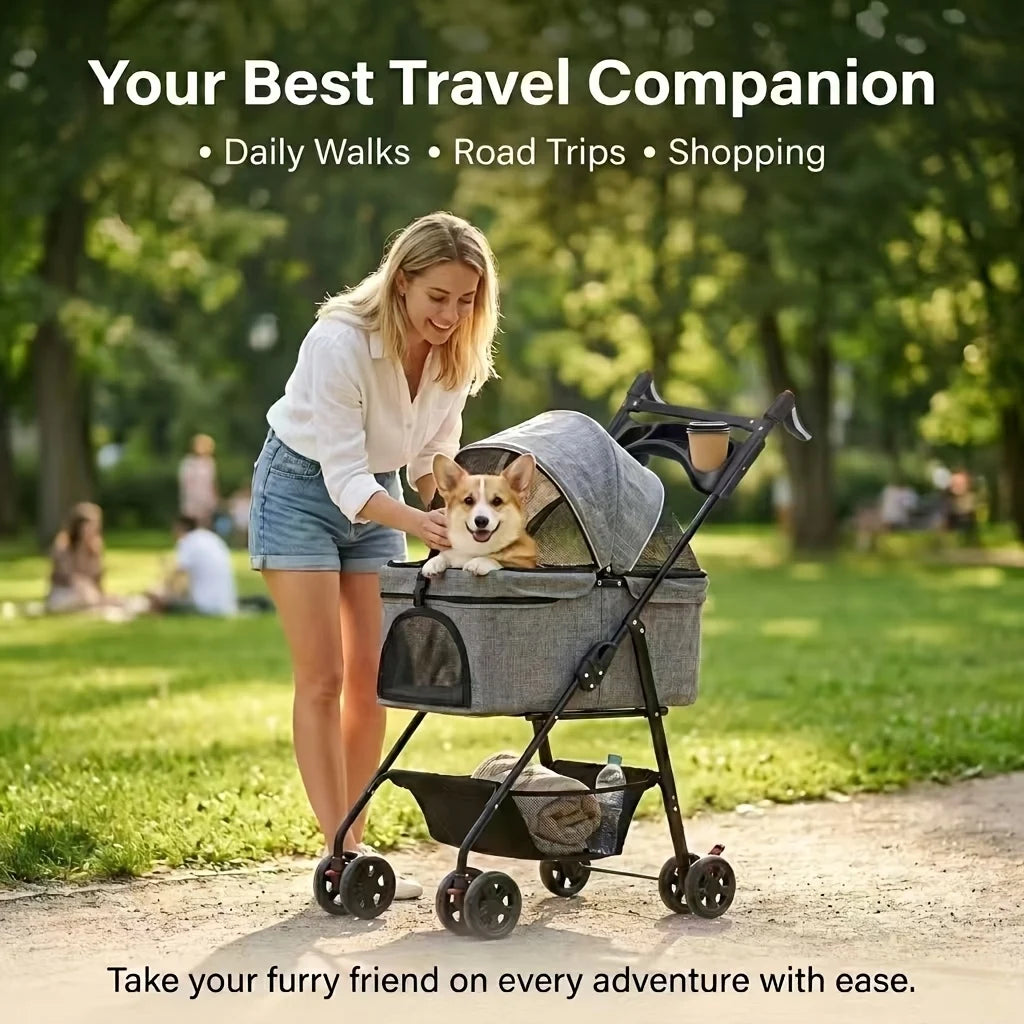 Pet Stroller Dog Stroller with Light Barrier, 2-In-1 Pet Folding Stroller, 4-Wheel Dog/Cat Puppy Stroller, Removable Travel Carrier for Small/Medium Pet Black