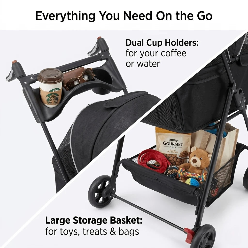 Pet Stroller Dog Stroller with Light Barrier, 2-In-1 Pet Folding Stroller, 4-Wheel Dog/Cat Puppy Stroller, Removable Travel Carrier for Small/Medium Pet Black