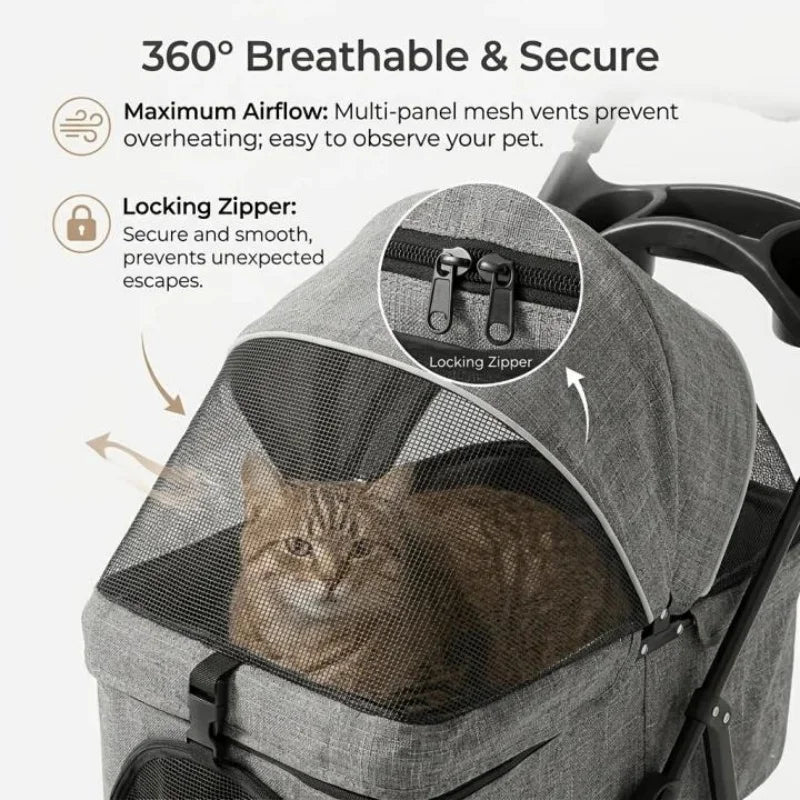 Pet Stroller Dog Stroller with Light Barrier, 2-In-1 Pet Folding Stroller, 4-Wheel Dog/Cat Puppy Stroller, Removable Travel Carrier for Small/Medium Pet Black