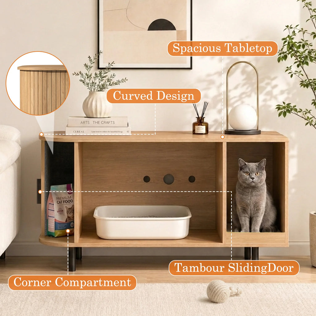 Sliding-Door Wooden Cat Litter Box End Table with Drawer