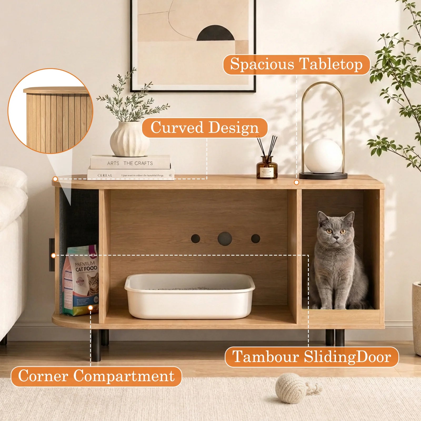 Sliding-Door Wooden Cat Litter Box End Table with Drawer