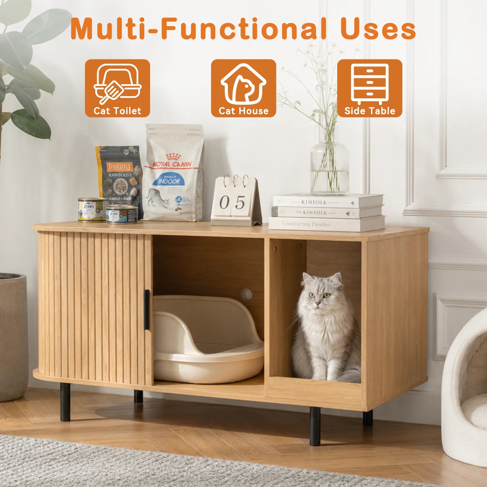 Sliding-Door Wooden Cat Litter Box End Table with Drawer