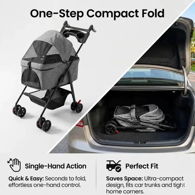 Pet Stroller Dog Stroller with Light Barrier, 2-In-1 Pet Folding Stroller, 4-Wheel Dog/Cat Puppy Stroller, Removable Travel Carrier for Small/Medium Pet Black