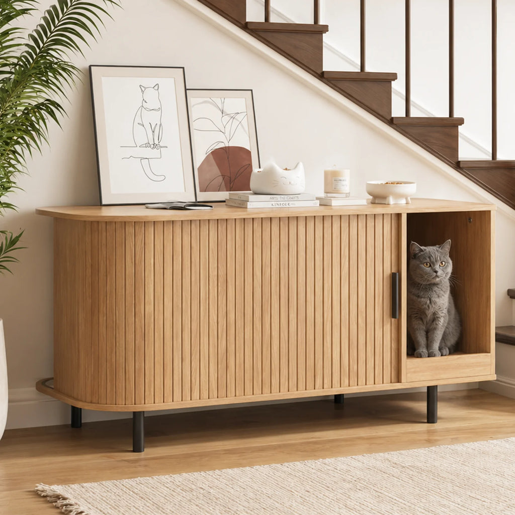 Sliding-Door Wooden Cat Litter Box End Table with Drawer