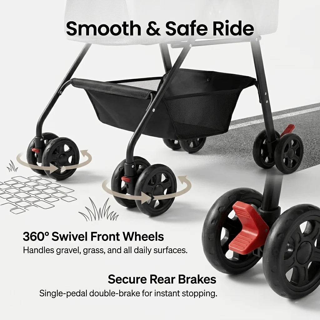 Pet Stroller Dog Stroller with Light Barrier, 2-In-1 Pet Folding Stroller, 4-Wheel Dog/Cat Puppy Stroller, Removable Travel Carrier for Small/Medium Pet Black