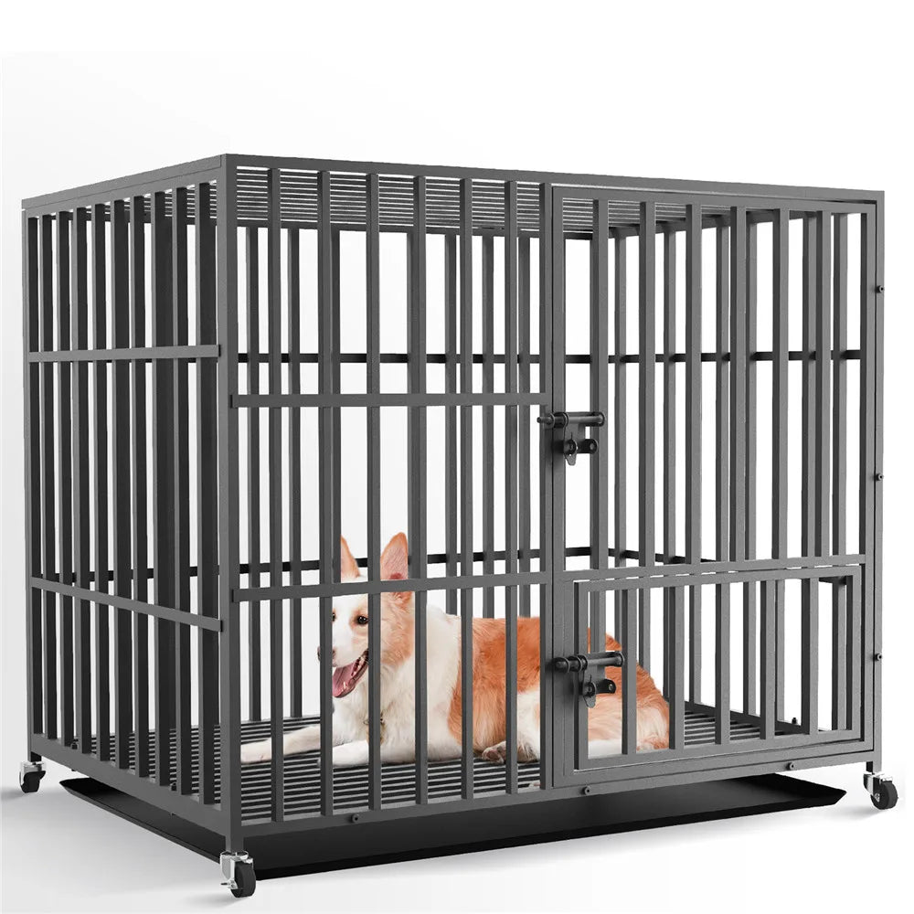 Heavy-Duty 3-Door Metal Dog Crate with Wheels (37"/42"/46")