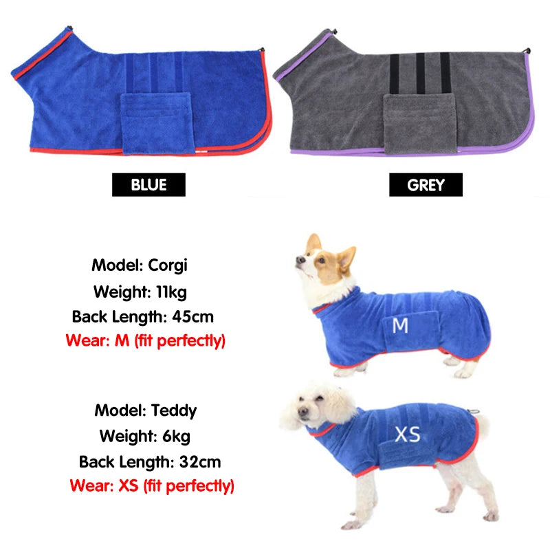 Dog Bathrobe 356g Microfiber Dog Drying Coat Super Absorbent Luxurious Soft Pet Bath Towel Adjustable Warm Dog Bathing Supplies