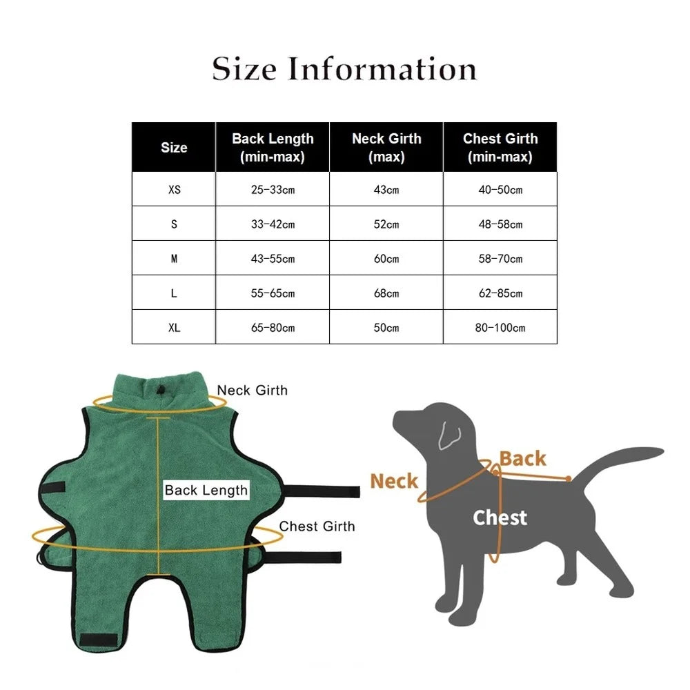 Fast Drying Towel with Adjustable Collar and Waist for Dogs and Cats, Soft Bathrobe, Super Absorbent Bath Robe, Microfiber Coat