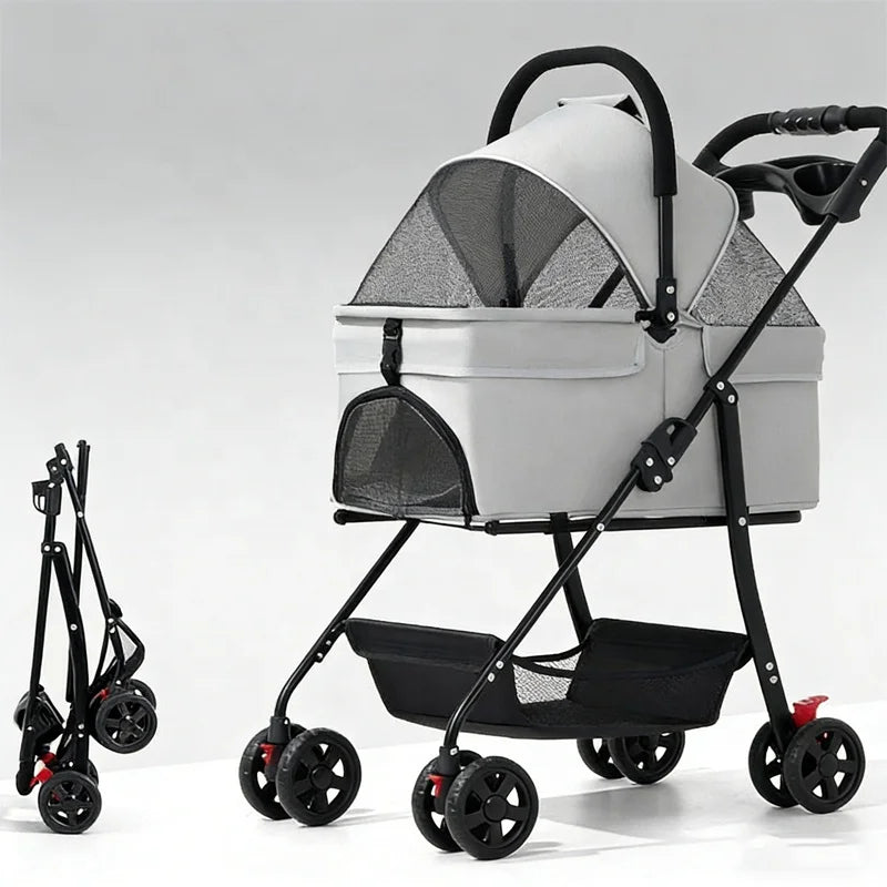 Foldable 4-Wheel Lightweight Eco-Friendly All-Season Pet Stroller Oxford Metal Frame Portable For Small Medium Pets 17kg Maximum