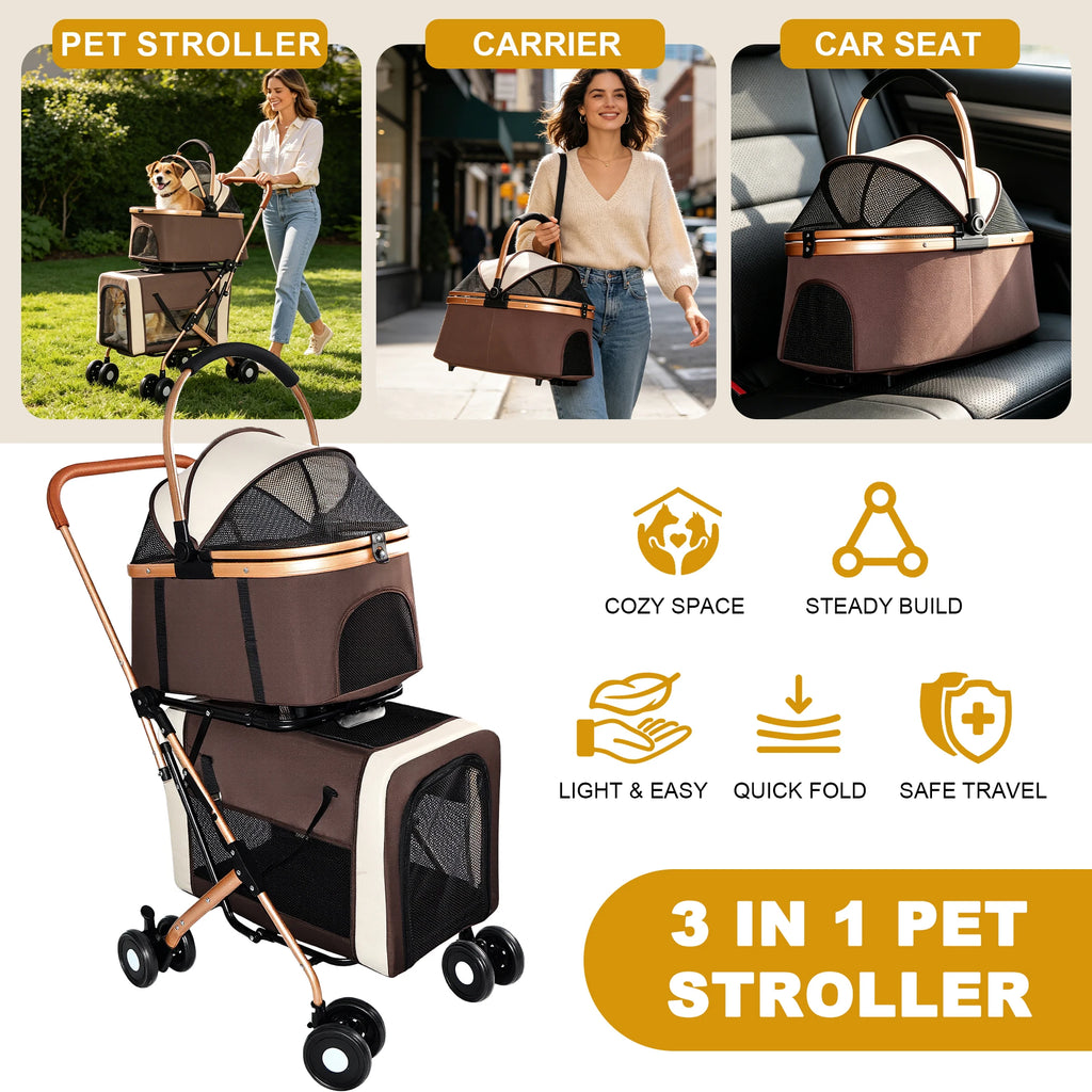Double Pet Stroller for Dogs and Cats, Foldable Frame, 3-in-1 Convertible Carrier/Tote, Shockproof Wheels, Brake System, Fixed Safety Leashes for Small/Medium Pets in Multi-Pet Homes(Khaki)