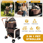 Double Pet Stroller for Dogs and Cats, Foldable Frame, 3-in-1 Convertible Carrier/Tote, Shockproof Wheels, Brake System, Fixed Safety Leashes for Small/Medium Pets in Multi-Pet Homes(Khaki)
