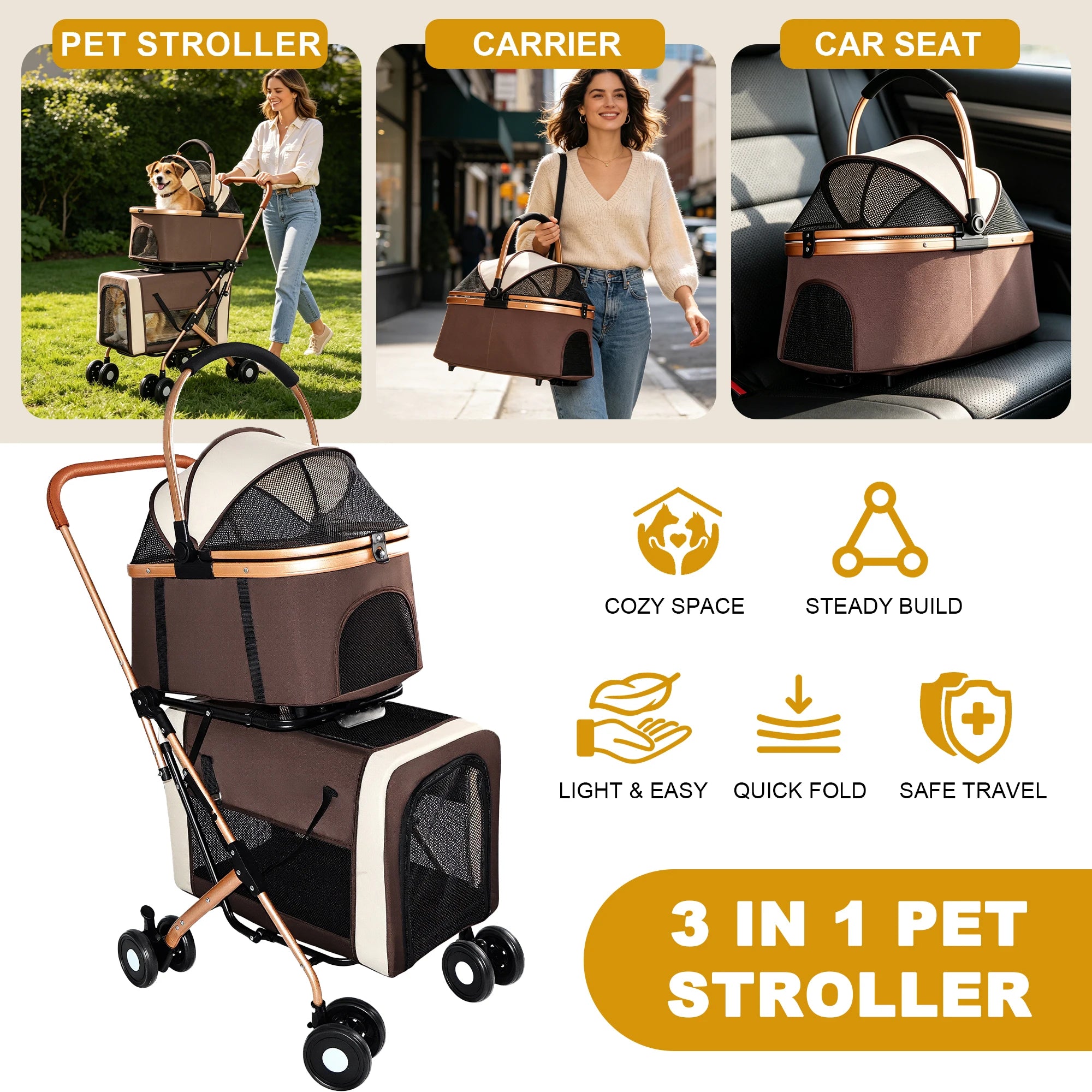 Double Pet Stroller for Dogs and Cats, Foldable Frame, 3-in-1 Convertible Carrier/Tote, Shockproof Wheels, Brake System, Fixed Safety Leashes for Small/Medium Pets in Multi-Pet Homes(Khaki)