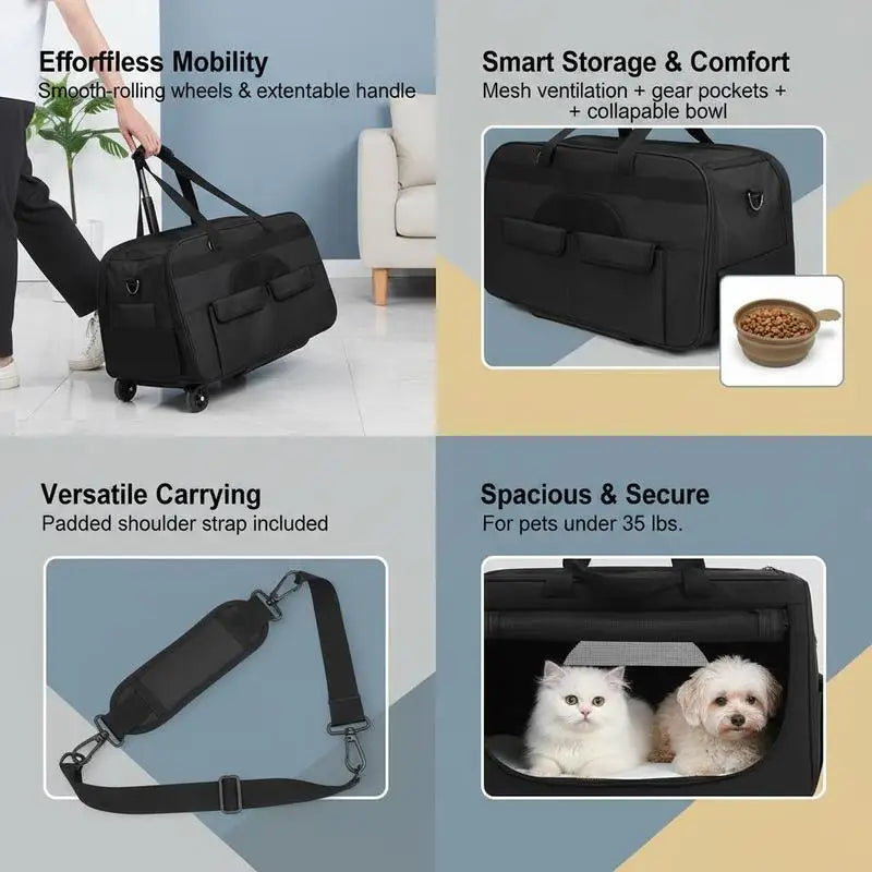 Pet Travel Crate with Wheels (23 Inch, 35lbs Capacity, Telescopic Handle)