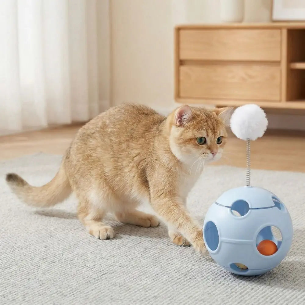 Auto-Rotating Spring Cat Teaser Ball with Feather & Bell — Tumbler Exercise Football Cat Toy