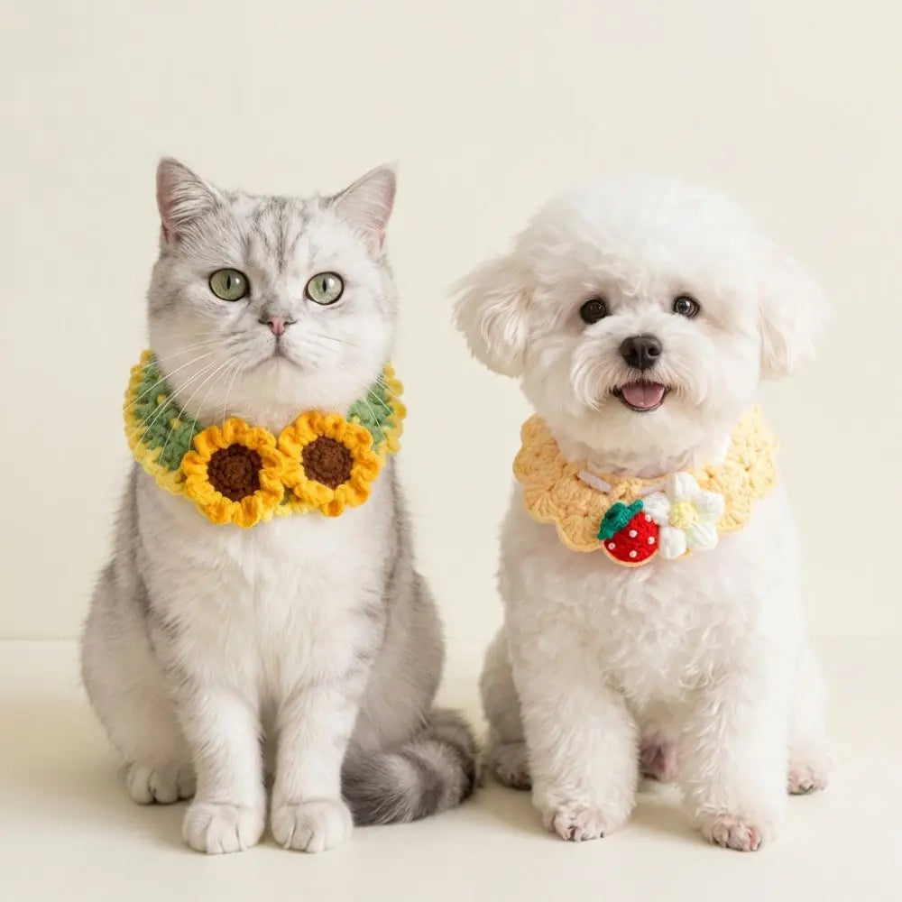 Hand-Knitted Plant-Theme Pet Bow Tie Scarf — Adjustable Elastic Cat & Dog Collar Necklace Gift
