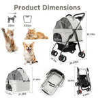 Pet Stroller for Small Dogs and Cats with 4 Wheels, 3 in 1 Foldable Dog Stroller with Detachable Carrier, Breathable Mesh, Stor