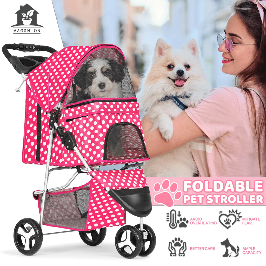 Magshion 3 Wheels Pet Dog Cat Stroller for Small Medium Dogs Cats, Foldable Jogger Stroller w/Storage Basket and Cup Holder