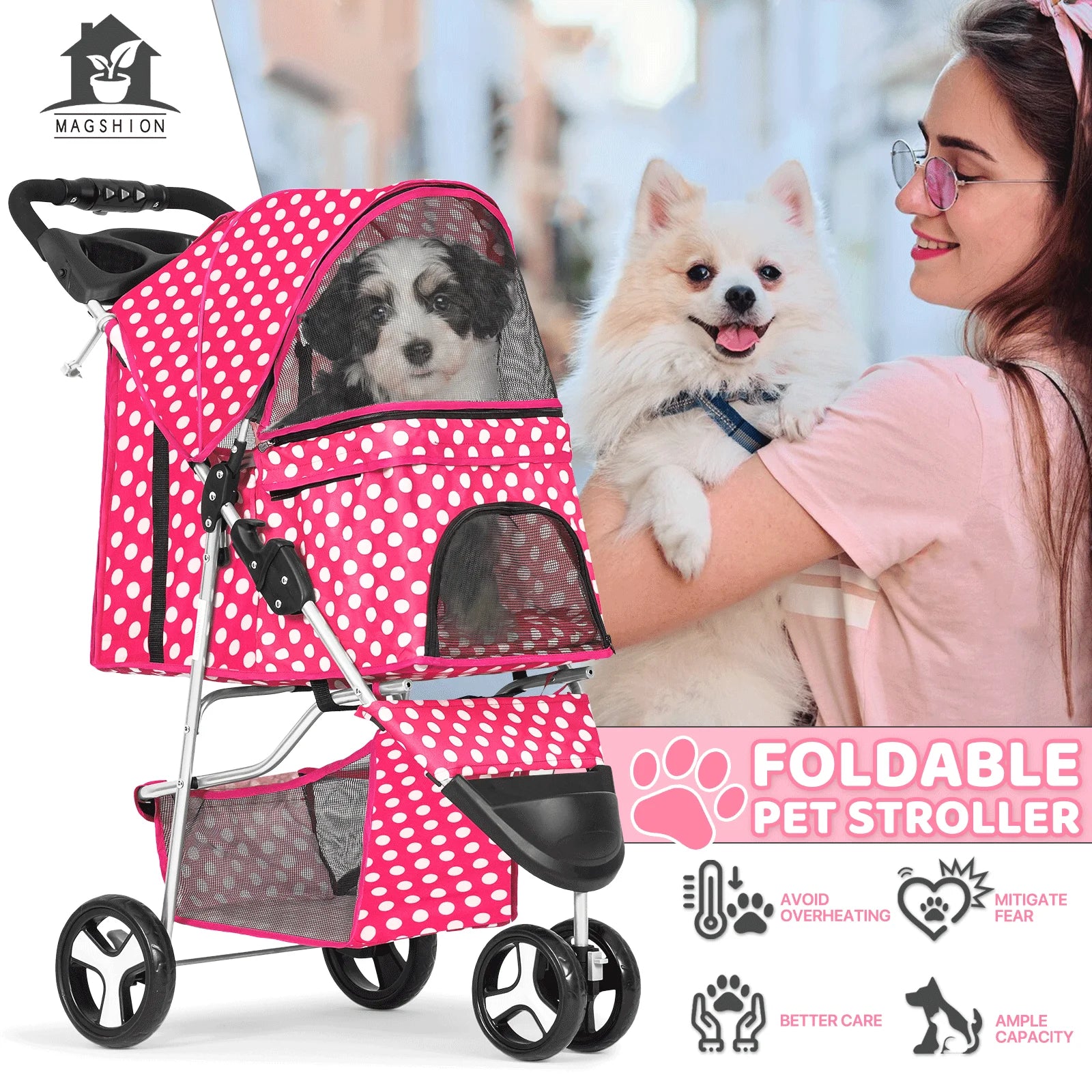 Magshion 3 Wheels Pet Dog Cat Stroller for Small Medium Dogs Cats, Foldable Jogger Stroller w/Storage Basket and Cup Holder