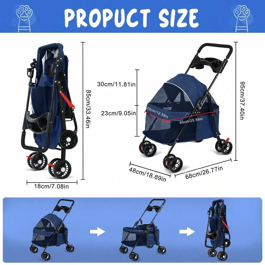 【New style】Blue Outdoor Travel Pet Folding Stroller, Dog Cat Cage Stroller With Cup Holder, Breathable And Visible Mesh For Sma