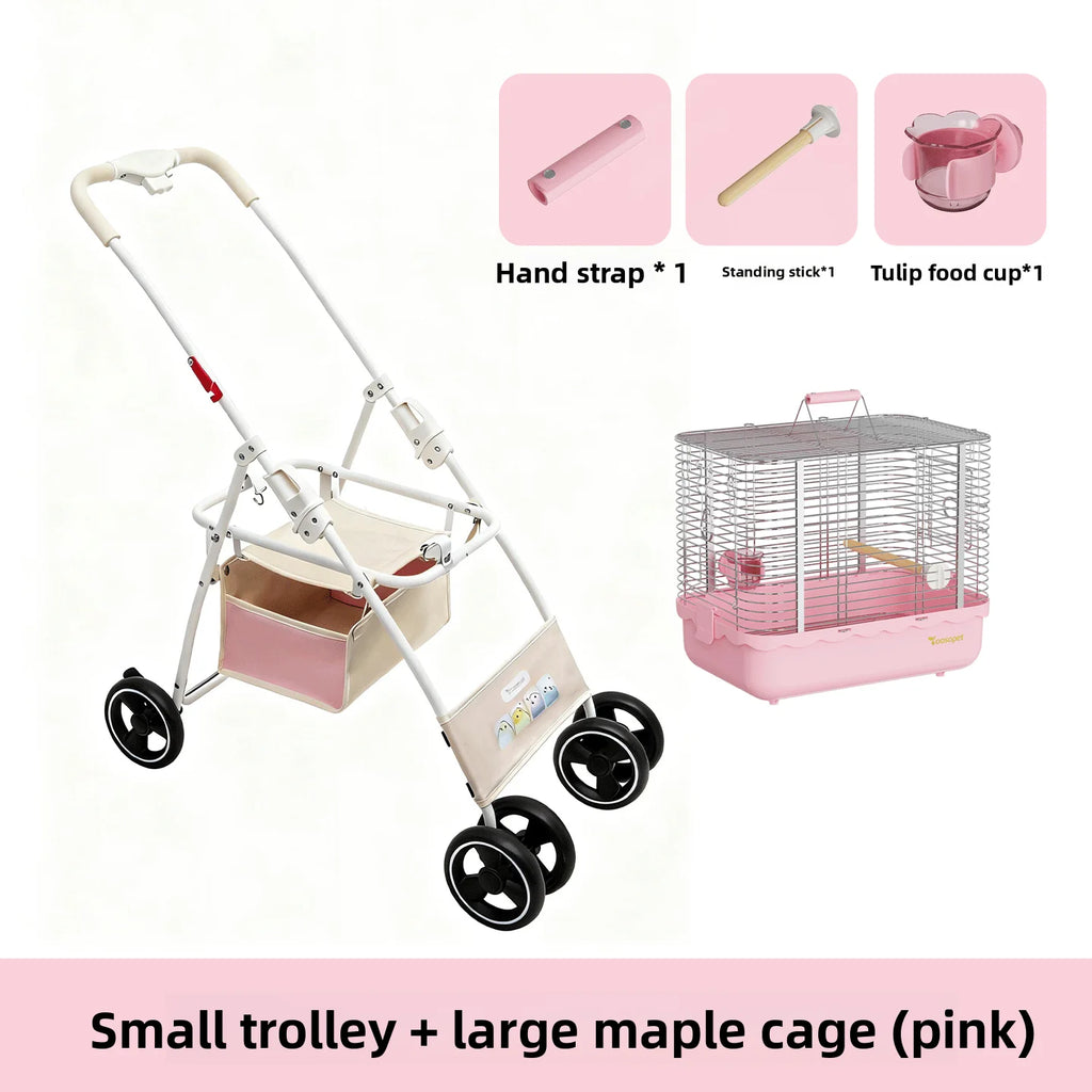 Foldable Lightweight Pet Stroller for Parrots Dogs Cats Outdoor Travel Carrier with Storage Space Portable Pet Transport Cart