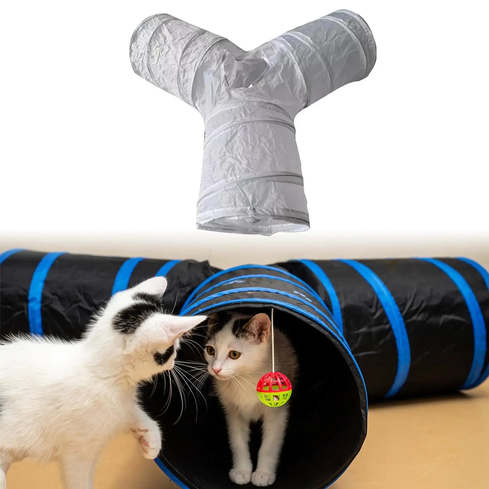 Y-Shape Cat Tunnel Tube with Play Ball — Foldable Training Kitten Toy Tunnel Set