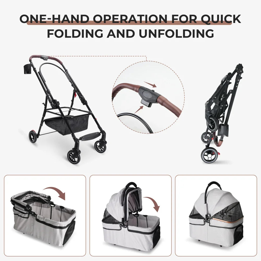4-Wheel Foldable Pet Stroller for Dogs & Cats with 360° Rotating Wheels, Separable Carrier & Travel Bag for Small Animals