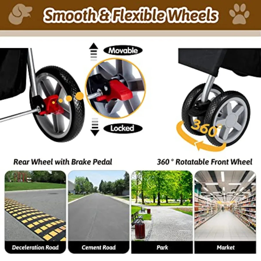 Pet Stroller, 4 Wheels Pet Strolling Cart for Medium/Small Dogs and Cats, Foldable Cat Jogger/Dog Stroller with Cup Holder, Sto