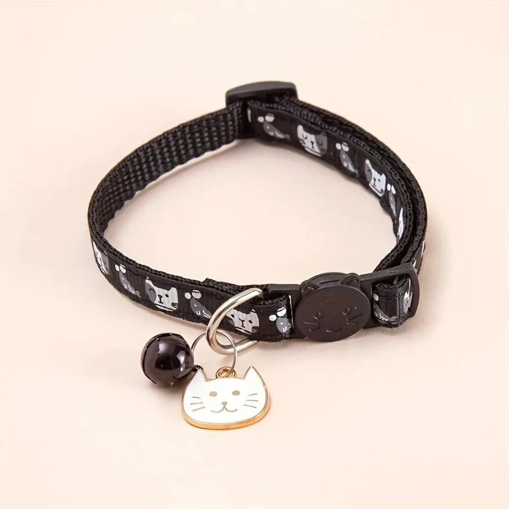 Adjustable Cat Collar with Quick-Release Safety Buckle — Cat Face Pendant & Bell Anti-Lost Necklace