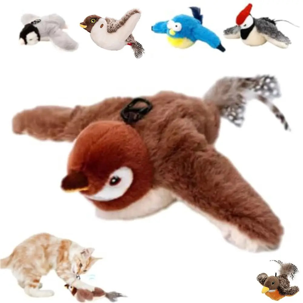 USB Hangable Electronic Flapping Bird Cat Toy — Touch-Activated Chirping Simulation Sparrow