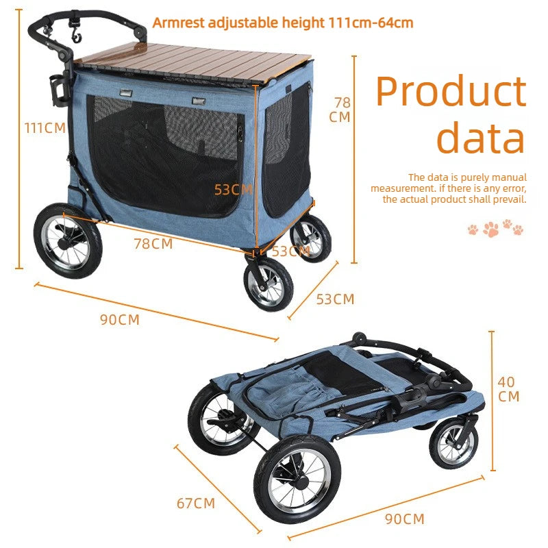 Multifunctional Foldable Camping Cart Large Pet Stroller Trolley with Wooden Table Top Heavy Cart for Outdoor Travel Dog Carrier