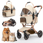 Pet Travel: 3 - in - 1 Foldable Stroller with Detachable Carrier, Storage Basket and Pet Pad, Safe for Outings, Khaki