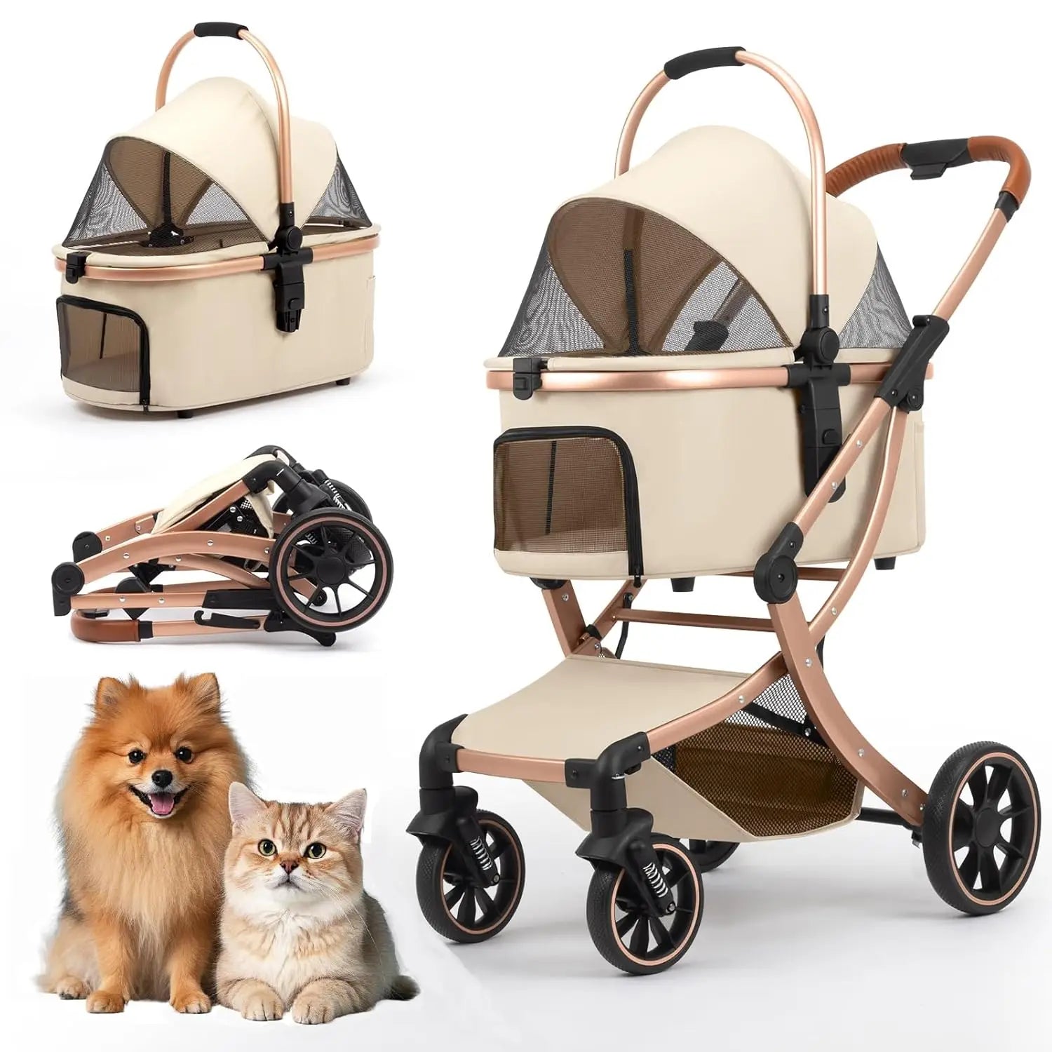 Pet Travel: 3 - in - 1 Foldable Stroller with Detachable Carrier, Storage Basket and Pet Pad, Safe for Outings, Khaki