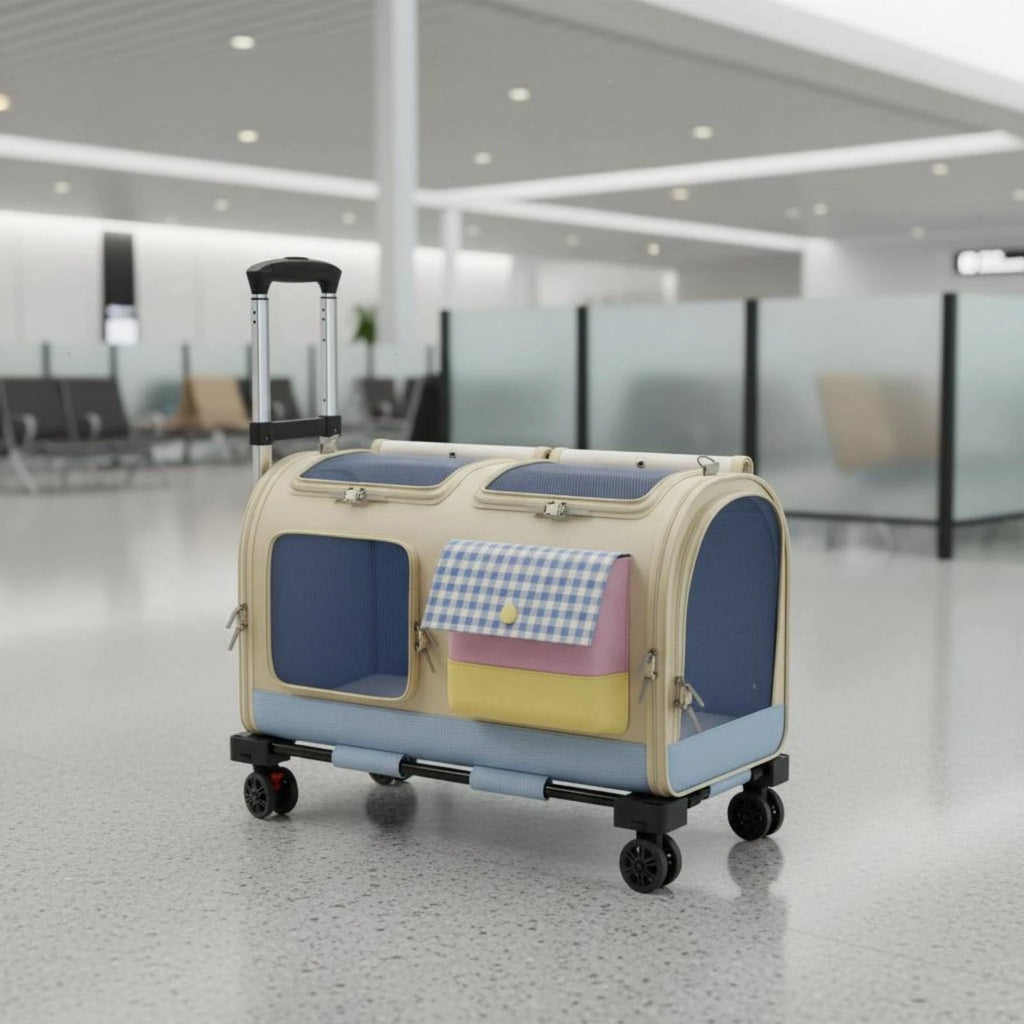 Feline Rolling Suitcase Telescopic Handle Pet Rolling Suitcase Multi-Feline Carrier Breathable Mesh Pet Carrier with Wheels