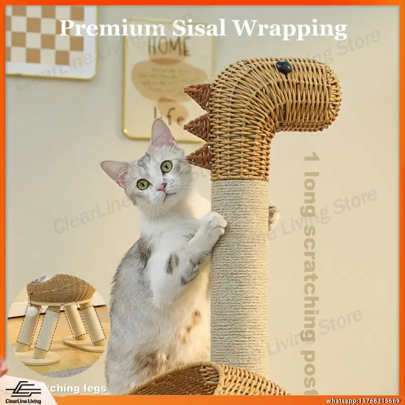 Dinosaur-Themed Rattan Cat Tree with Sisal Scratching Post
