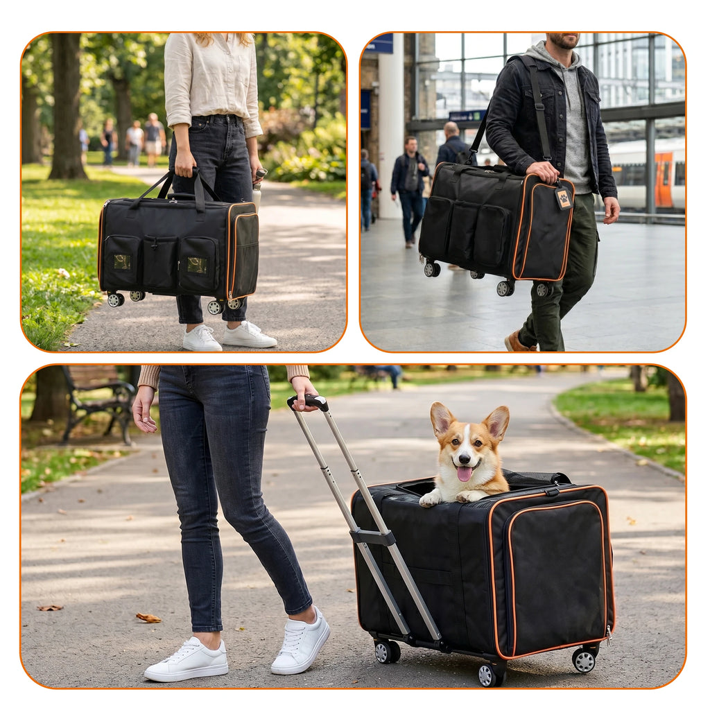 2 in 1 Large Cat Carrier for 2 Cats, Rolling Pet Carrier with Wheels, Expandable Foldable Double Pet Carrier with Removable Divider, Breathable Mesh Oxford, Cat Travel Crate for Car/Camping/Vet, Black