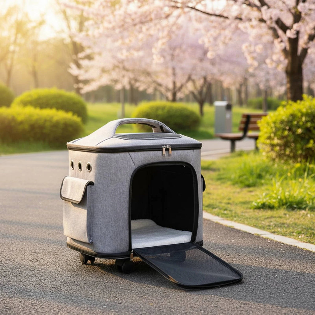 Rolling Pet Carrier Quiet Wheels Feline Carrier Suitcase Feline Travel Bag Multiple Carrying Options Easy to Clean for Outdoor