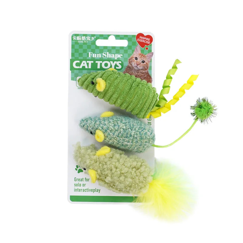 3-Pack Squeaky Catnip Plush Mouse Cat Toys — Colorful Interactive Rattle Mice for Kittens