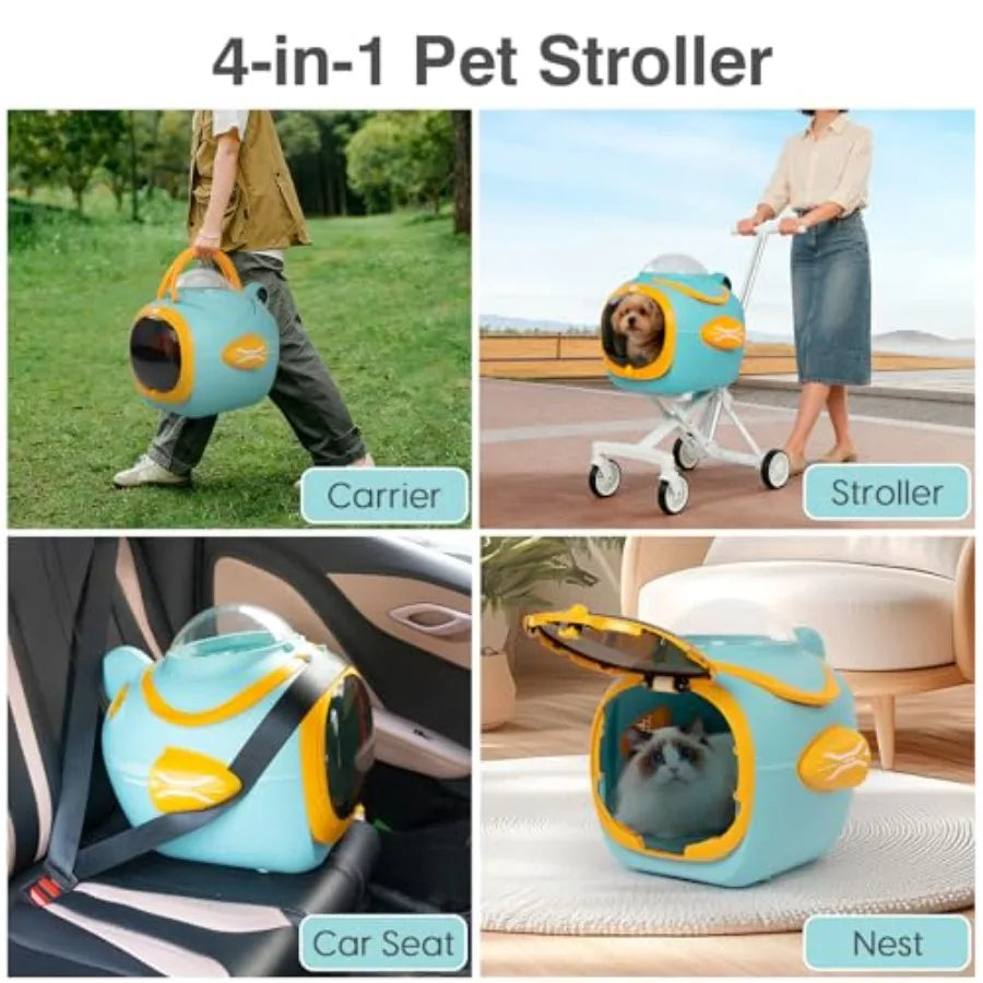 4 in 1 Foldable Pet Stroller with Detachable Carrier for Small Dogs Cats, Space Capsule Travel Stroller with Inbuilt Fan, Tempe