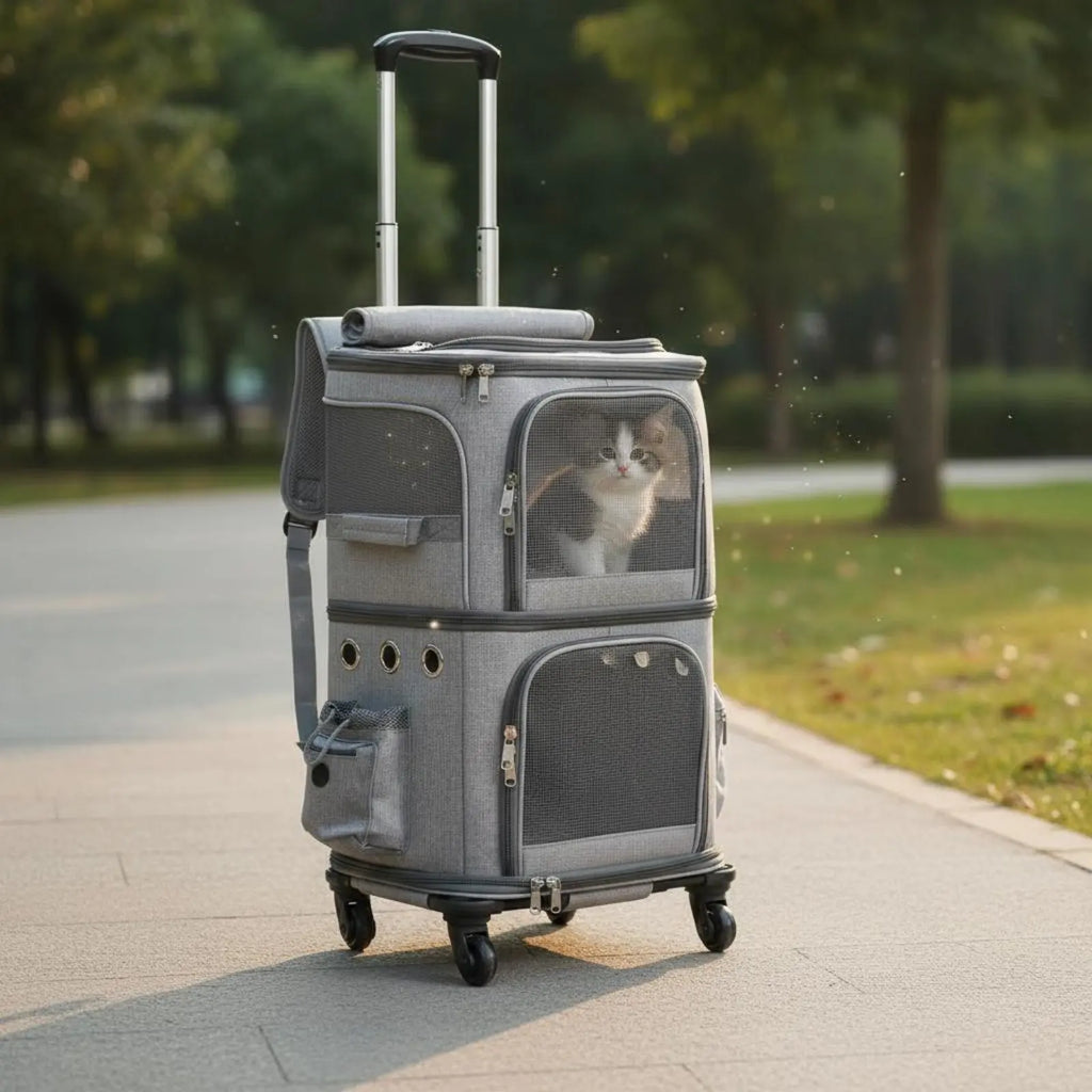 Double-Deck Pet Carrier Breathable Pet Trolley Bag Feline Travel Carrier Side Pockets Dog Travel Bag Scratch-Resistant