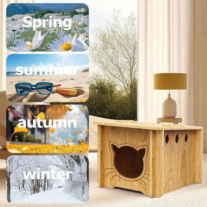 Solid Wood Cat Villa with Integrated Scratching Board (All-Season)