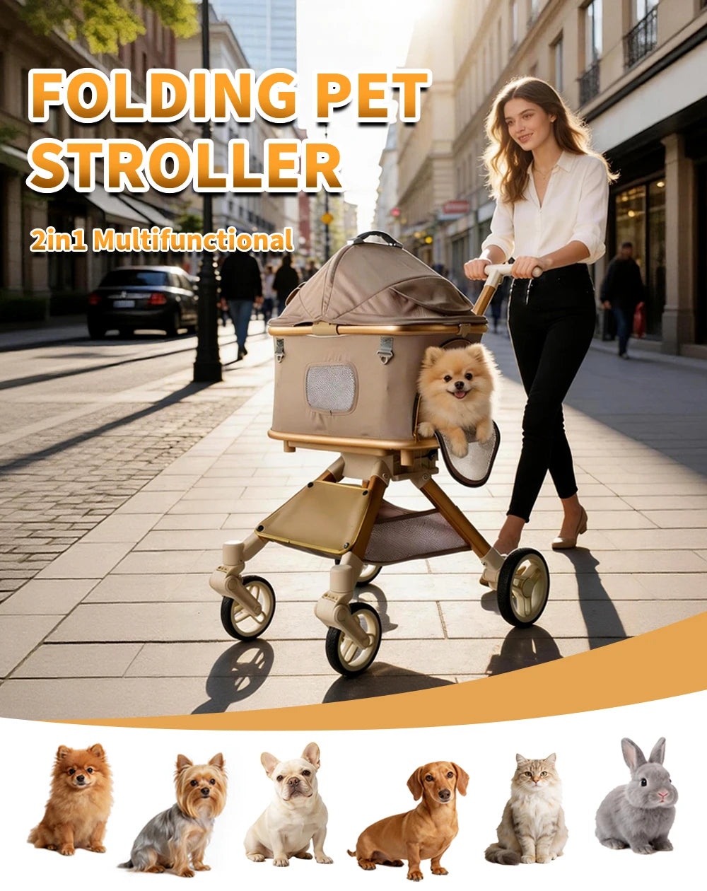 Pet Stroller for Medium Dogs & Cats Up to 55lbs, 2-in-1 Convertible Design with Removable Carrier & One-Click Folding Dog Stroller with 4Wheels