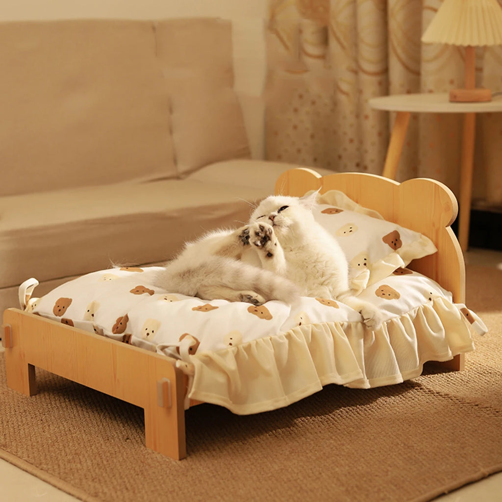 Wooden Pet Bed with Teddy Bear Pattern (20x11in)