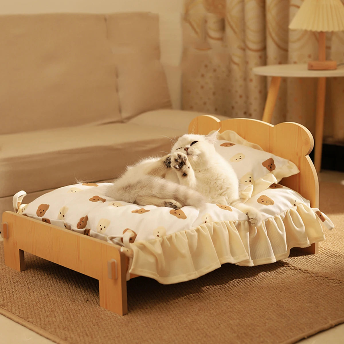 Wooden Pet Bed with Teddy Bear Pattern (20x11in)