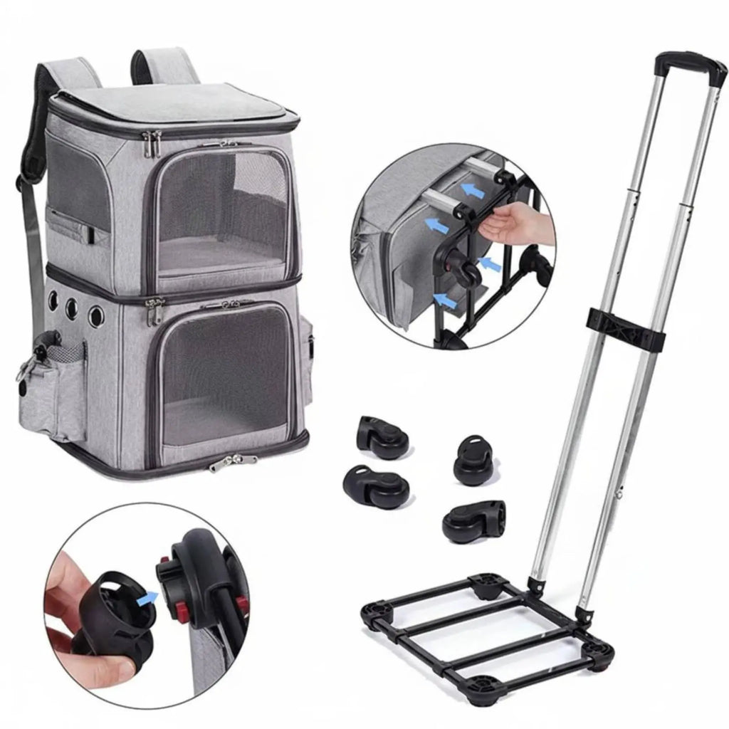 Double-Deck Pet Carrier Breathable Pet Trolley Bag Feline Travel Carrier Telescopic Handle Dog Travel Bag Side Pockets