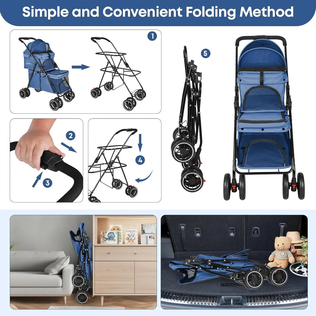 Double Pet Stroller for 2 Dogs or Cats, Lightweight Folding, 4 Lockable Wheels, Navy Blue