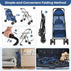 Double Pet Stroller for 2 Dogs or Cats, Lightweight Folding, 4 Lockable Wheels, Navy Blue
