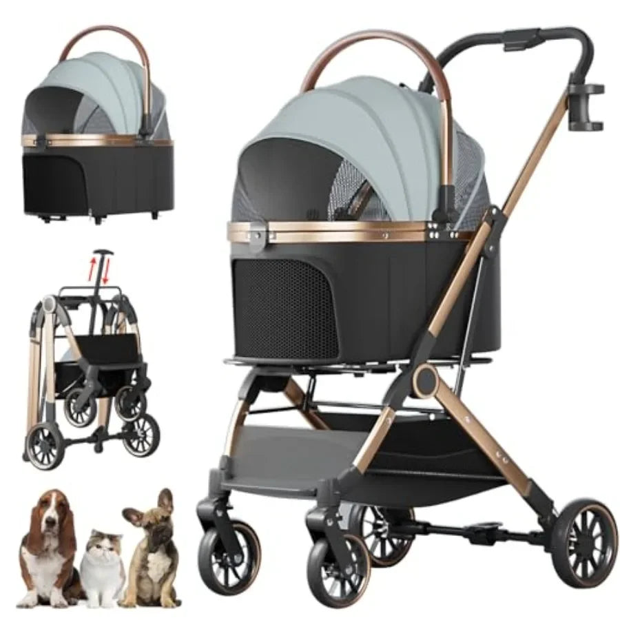 4 Wheels Pet Stroller for Small Medium Dogs Cats Up to 45 lbs Folding Dog Stroller with Detachable Breathable Carrier Suitable