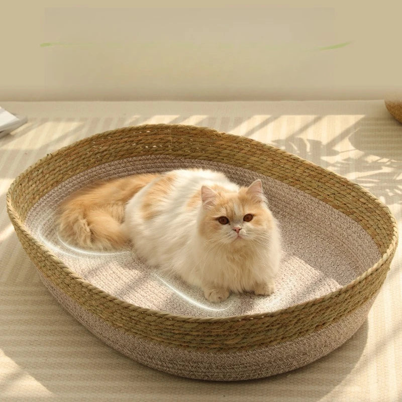 Portable Rattan & Seagrass Cat Bed Nest (All-Season)
