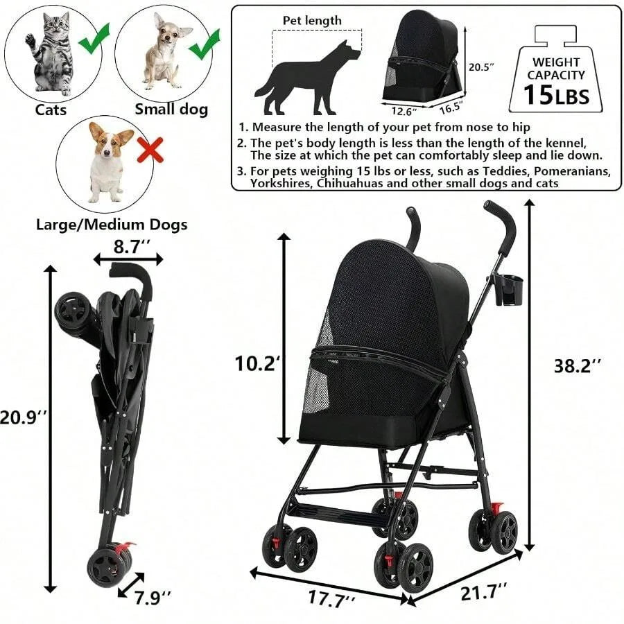 【New style】Pet Stroller For Small Dogs And CatsCYUmail 4 Wheels Foldable Dog Stroller Puppy Carrier For Small Dogs 0-15 Lbs W/C